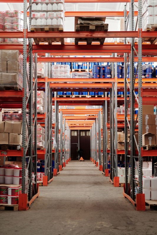 Pallet racking inside an organized warehouse